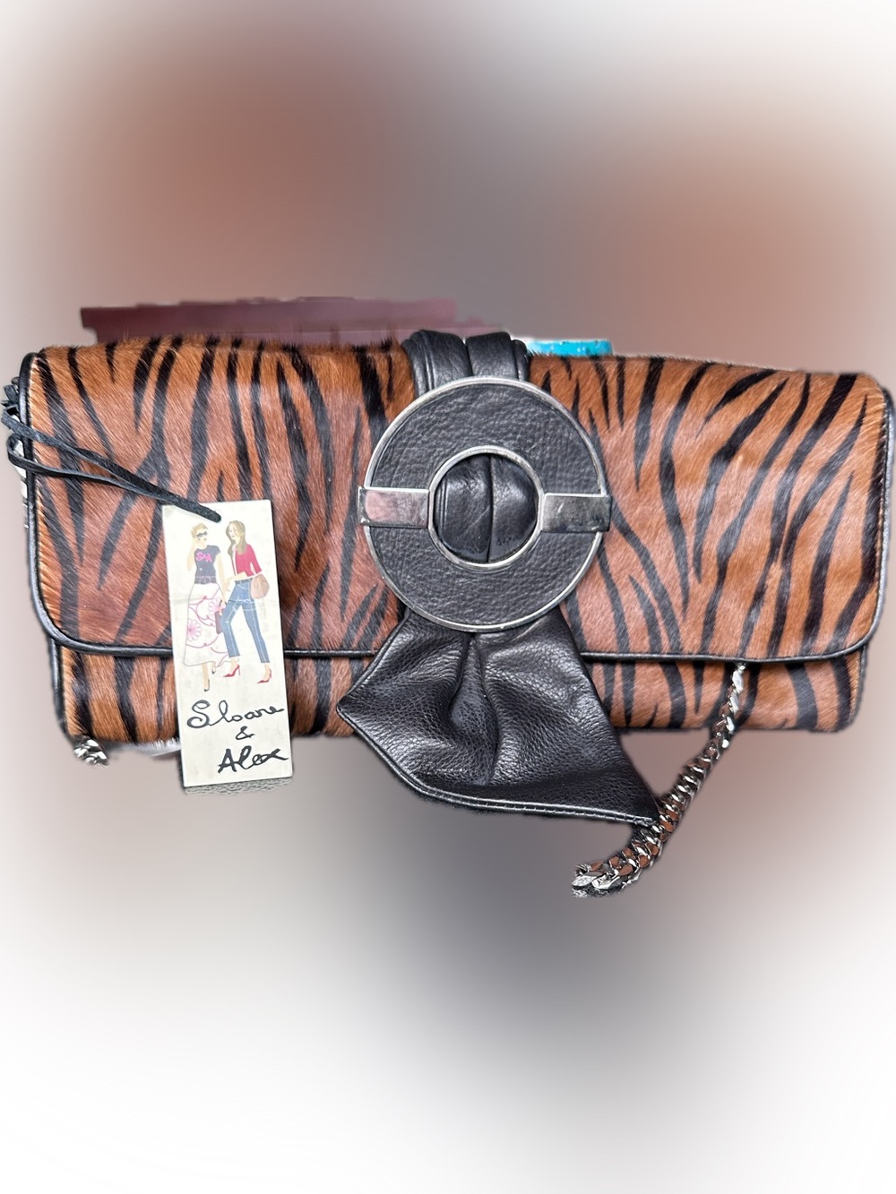 Colorful Tiger Striped Crossbody Purse with Black Leather Trim